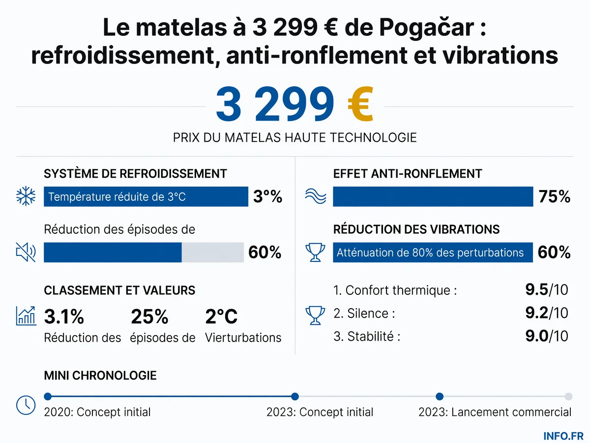 Infographie présentant les caractéristiques techniques et l'investissement de l'UAE Team Emirates dans le système de sommeil intelligent Eight Sleep Pod utilisé sur le Tour de France 2026