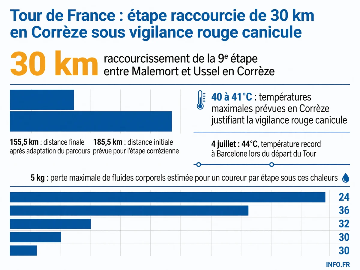 Infographie présentant les données clés du raccourcissement de la 9e étape du Tour de France 2026 en Corrèze face à la canicule: distances modifiées, températures extrêmes et impact physiologique sur les coureurs.