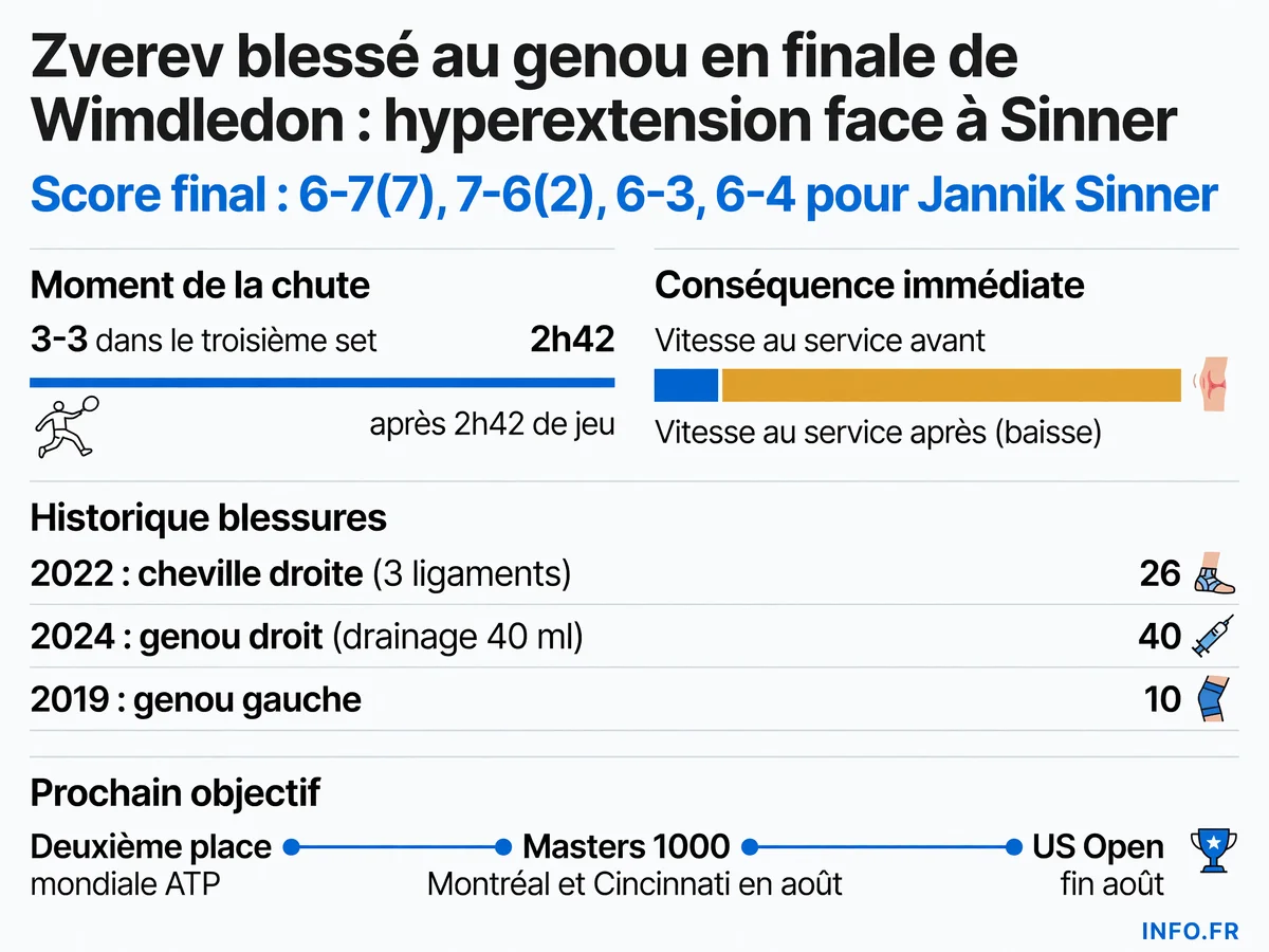 Chronologie des blessures d'Alexander Zverev et impact de l'hyperextension du genou droit lors de la finale de Wimbledon 2026 face à Jannik Sinner