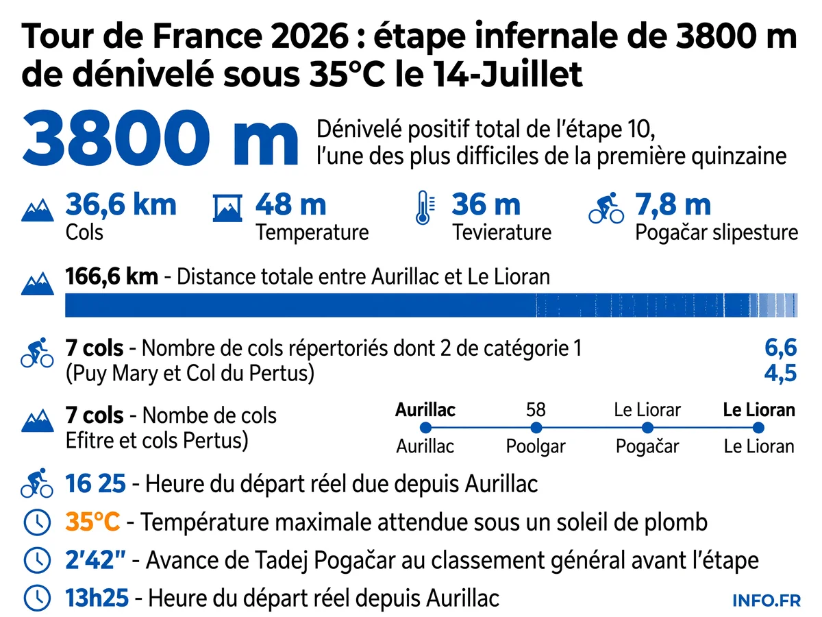Profil et données clés de la 10e étape du Tour de France 2026 entre Aurillac et Le Lioran: 166,6 km, 3800 m de dénivelé, sept cols sous 35°C pour une arrivée prévue à 17h02.