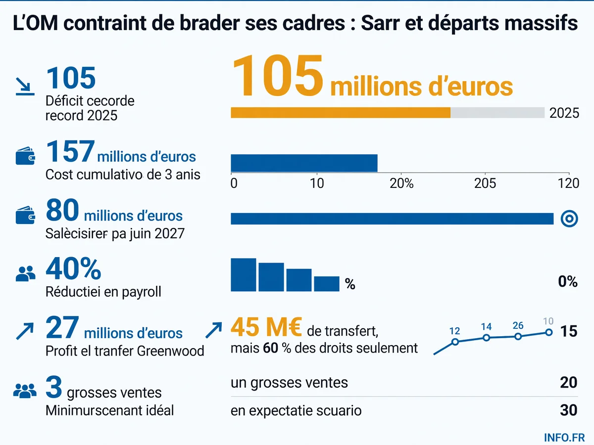 Infographie montrant le déficit record de 105 millions d'euros de l'OM, l'objectif de 80 millions de ventes d'ici juin 2027 et la réduction de 40 % de la masse salariale exigée par la DNCG.