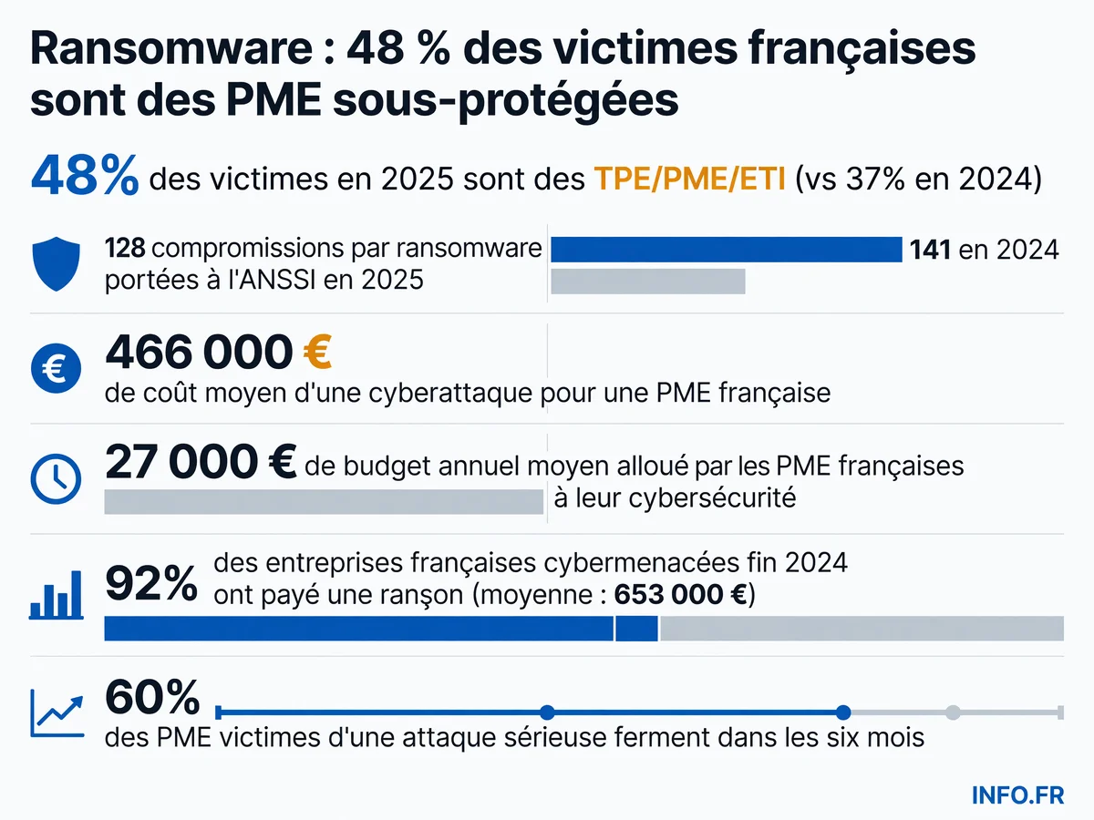 Infographie illustrant l'écart entre le coût moyen d'une cyberattaque (466 000 €) et le budget cybersécurité annuel moyen des PME françaises (27 000 €), avec les chiffres clés de l'ANSSI sur les ransomwares en 2025.