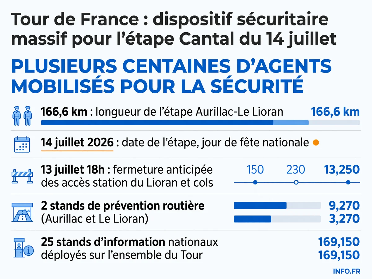 Dispositif sécuritaire pour l'étape du Tour de France 2026 dans le Cantal: mobilisation d'agents, fermetures de routes et stands de prévention.