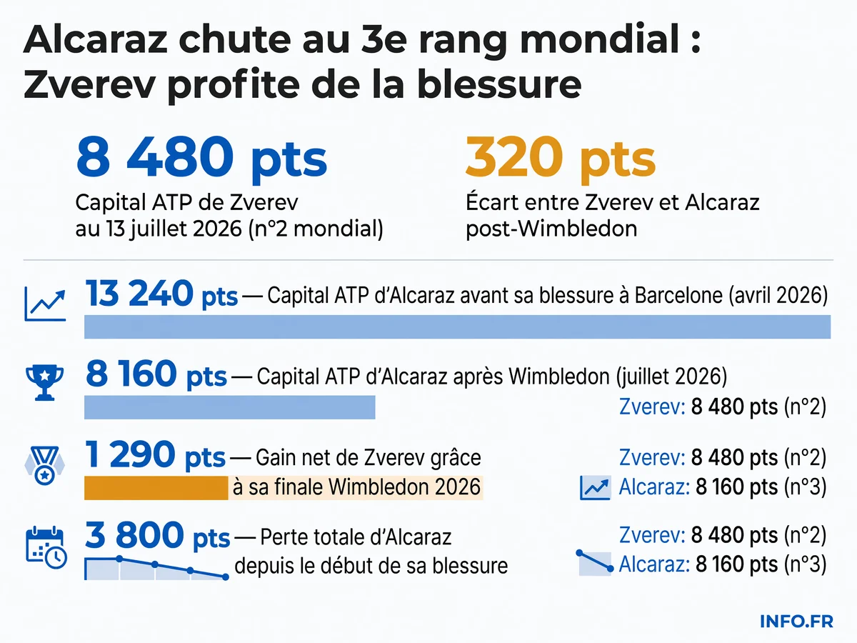 Évolution du classement ATP d'Alcaraz et Zverev entre avril et juillet 2026, illustrant la chute mécanique liée aux absences et la montée en puissance de l'Allemand.