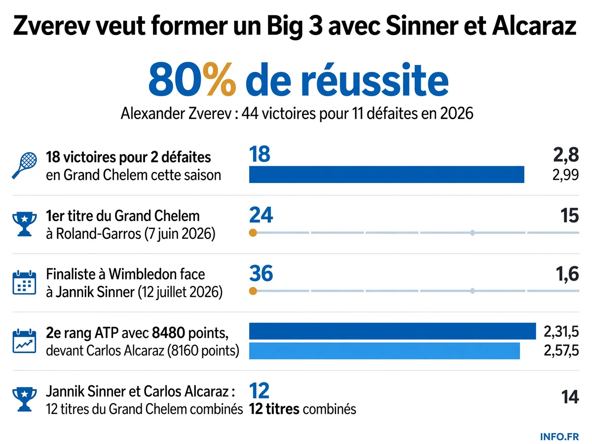 Bilan 2026 d'Alexander Zverev et comparaison avec Jannik Sinner et Carlos Alcaraz