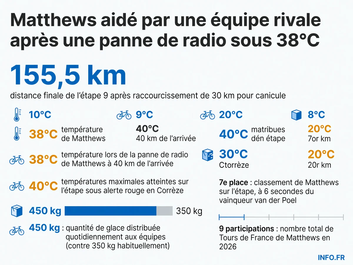 Infographie des données clés de la 9e étape du Tour de France 2026 marquée par la canicule et la solidarité inter-équipes envers Michael Matthews.