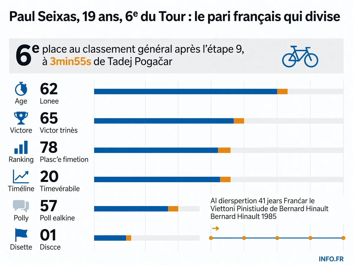 Infographie montrant les statistiques de performance de Paul Seixas sur le Tour de France 2026: classement, écarts, victoires 2026 et contexte historique de la disette française.