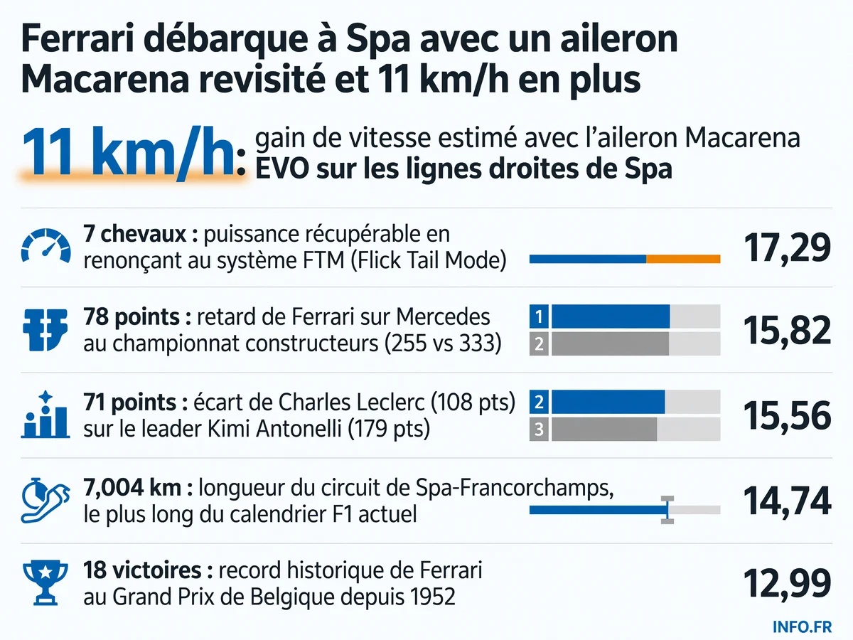 Package technique Ferrari pour le GP de Belgique 2026: aileron Macarena EVO (+11 km/h), suppression potentielle du FTM (+7 ch), et classements pilotes/constructeurs post-Silverstone