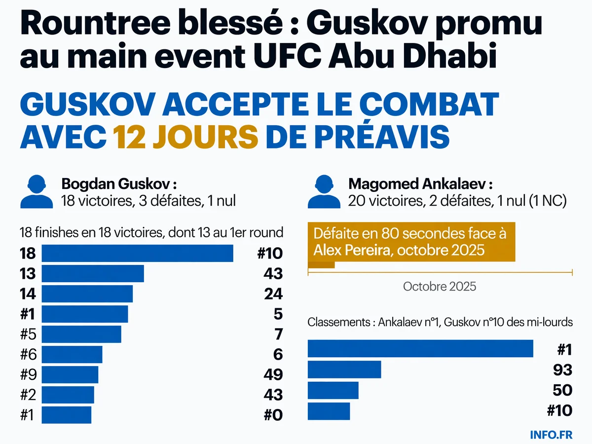 Statistiques comparatives de Bogdan Guskov et Magomed Ankalaev pour le main event UFC Abu Dhabi du 25 juillet 2026.