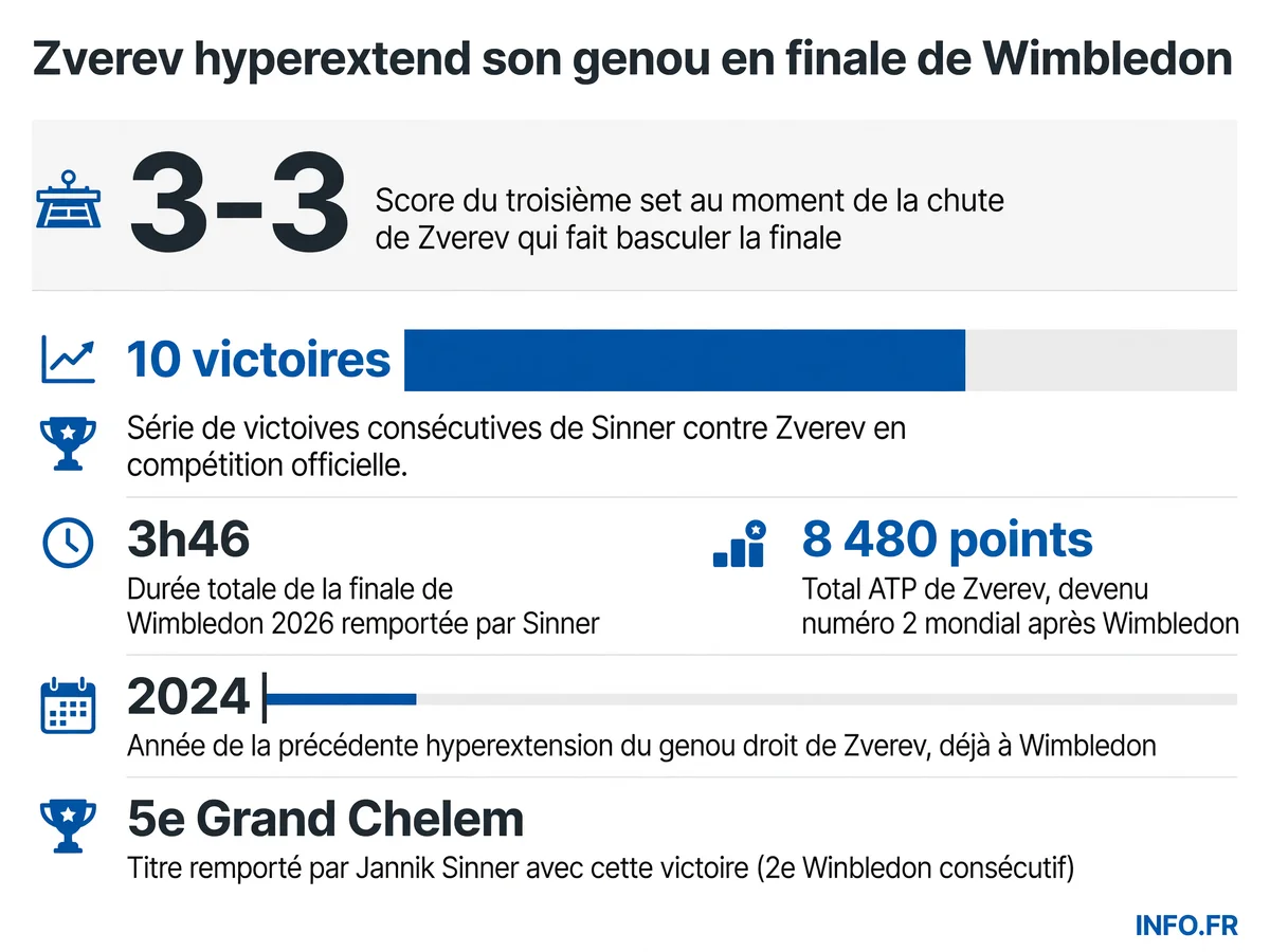 Chronologie et données clés de la blessure au genou d'Alexander Zverev lors de la finale de Wimbledon 2026 face à Jannik Sinner