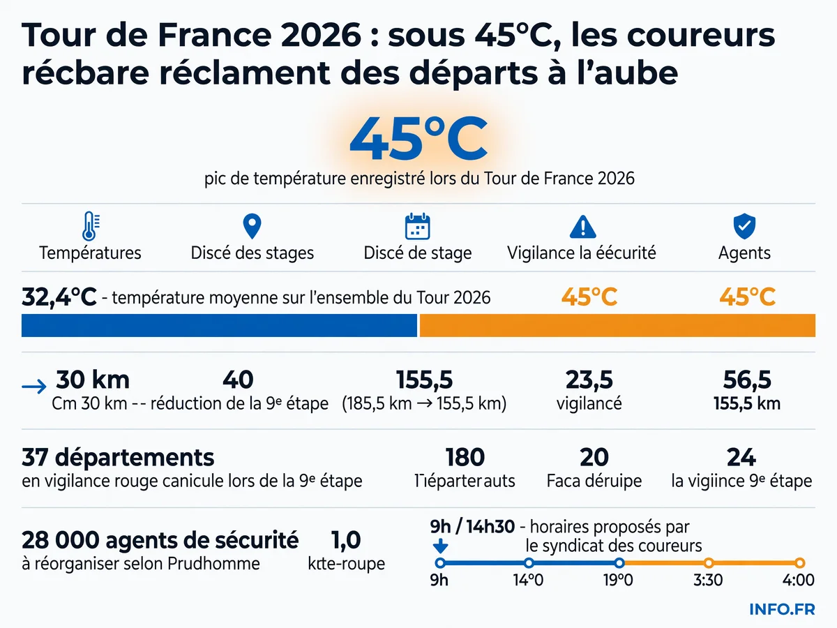 Tour de France 2026: températures extrêmes, raccourcissement historique de la 9e étape et revendications du syndicat des coureurs pour des départs à 9h.