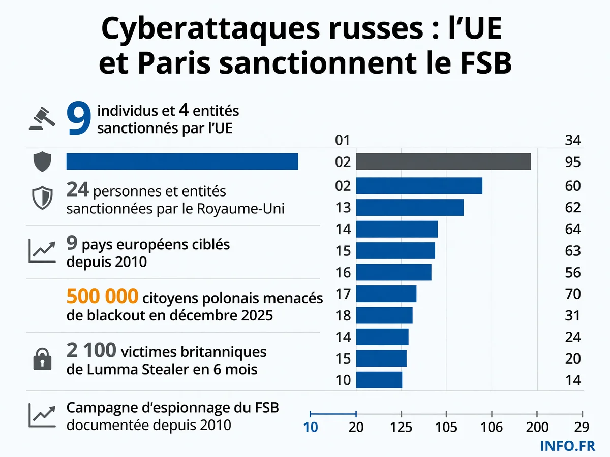 Sanctions européennes contre le FSB russe suite à une décennie de cyberattaques visant 9 pays de l'UE et menaçant 500 000 Polonais de blackout.