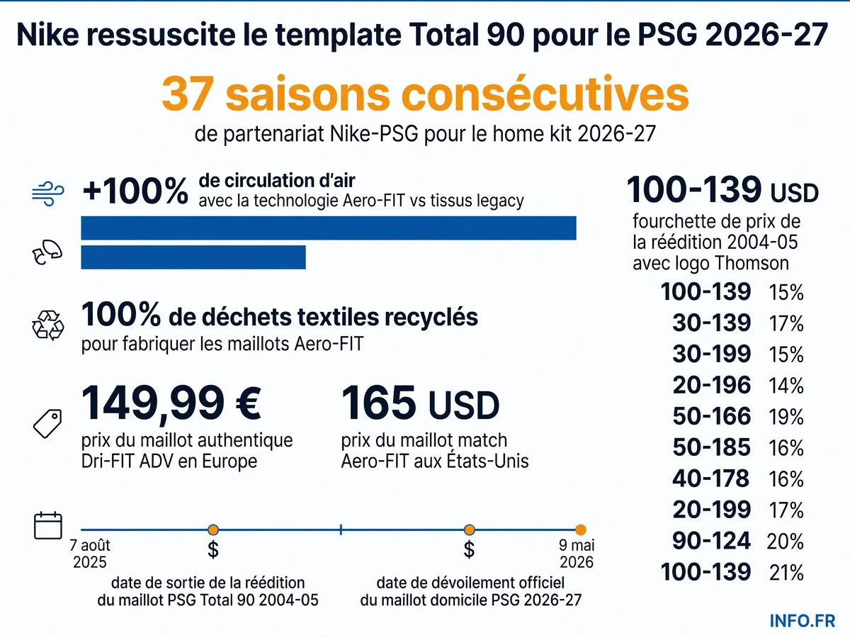 Infographie présentant les chiffres clés du partenariat Nike-PSG pour la saison 2026-27, avec technologie Aero-FIT et réédition Total 90 2004-05.