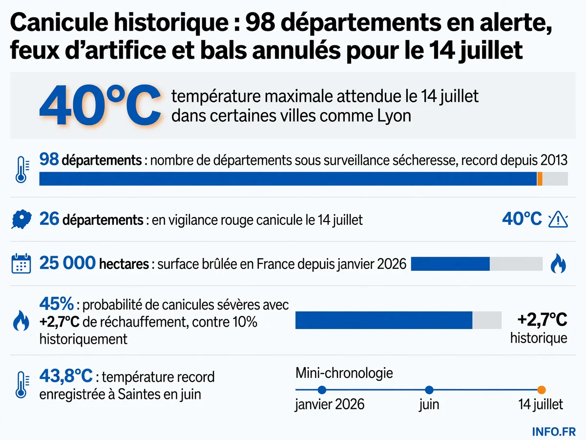 Carte de France montrant l'intensité de la canicule du 14 juillet 2026 avec 26 départements en vigilance rouge et 98 en alerte sécheresse.