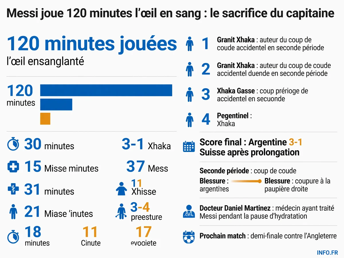 Chronologie de la blessure de Lionel Messi lors du quart de finale de la Coupe du Monde 2026 entre l'Argentine et la Suisse, du coup de coude de Granit Xhaka aux soins médicaux et à la qualification pour les demi-finales.