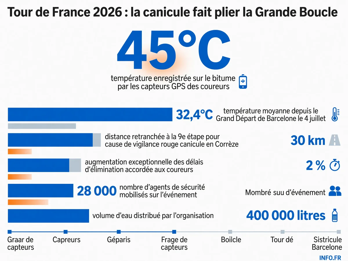 Infographie présentant les chiffres clés de la canicule historique sur le Tour de France 2026, incluant les températures records, le raccourcissement d'étape et les mesures d'urgence.