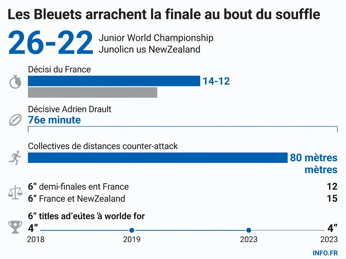 Infographie résumant les données clés de la demi-finale du Championnat du monde U20 entre la France et la Nouvelle-Zélande, remportée 26-22 par les Bleuets grâce à un essai décisif d'Adrien Drault à 80 mètres à la 76e minute.