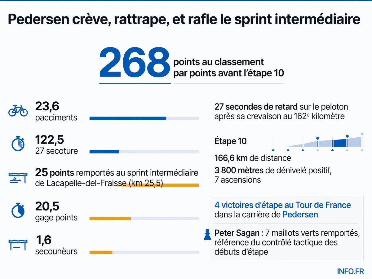 Statistiques de la 10e étape du Tour de France 2026 et performance de Mads Pedersen au sprint intermédiaire après incident mécanique