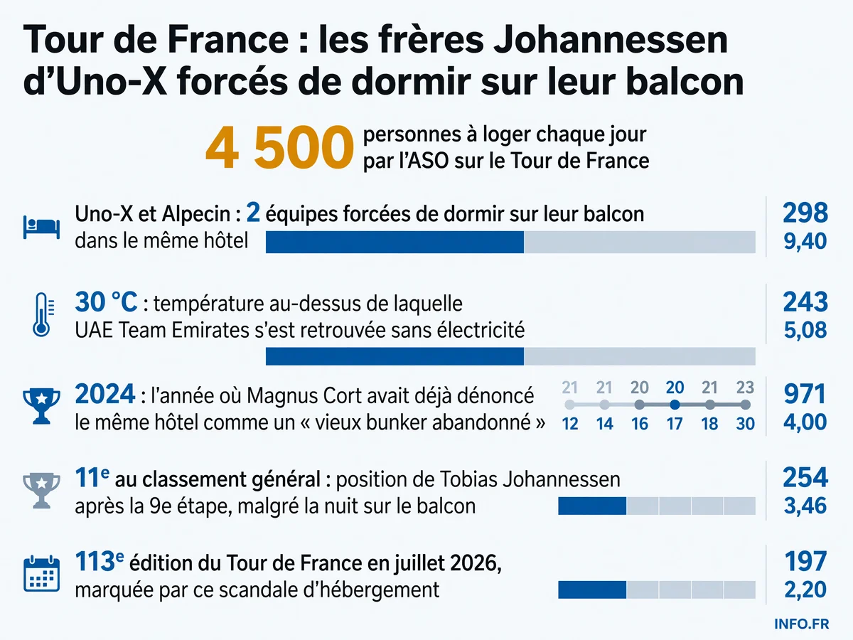 Données sur les conditions d'hébergement des équipes cyclistes au Tour de France 2026, avec les effectifs logés par l'ASO et les incidents rapportés par Uno-X, Alpecin et UAE Team Emirates.