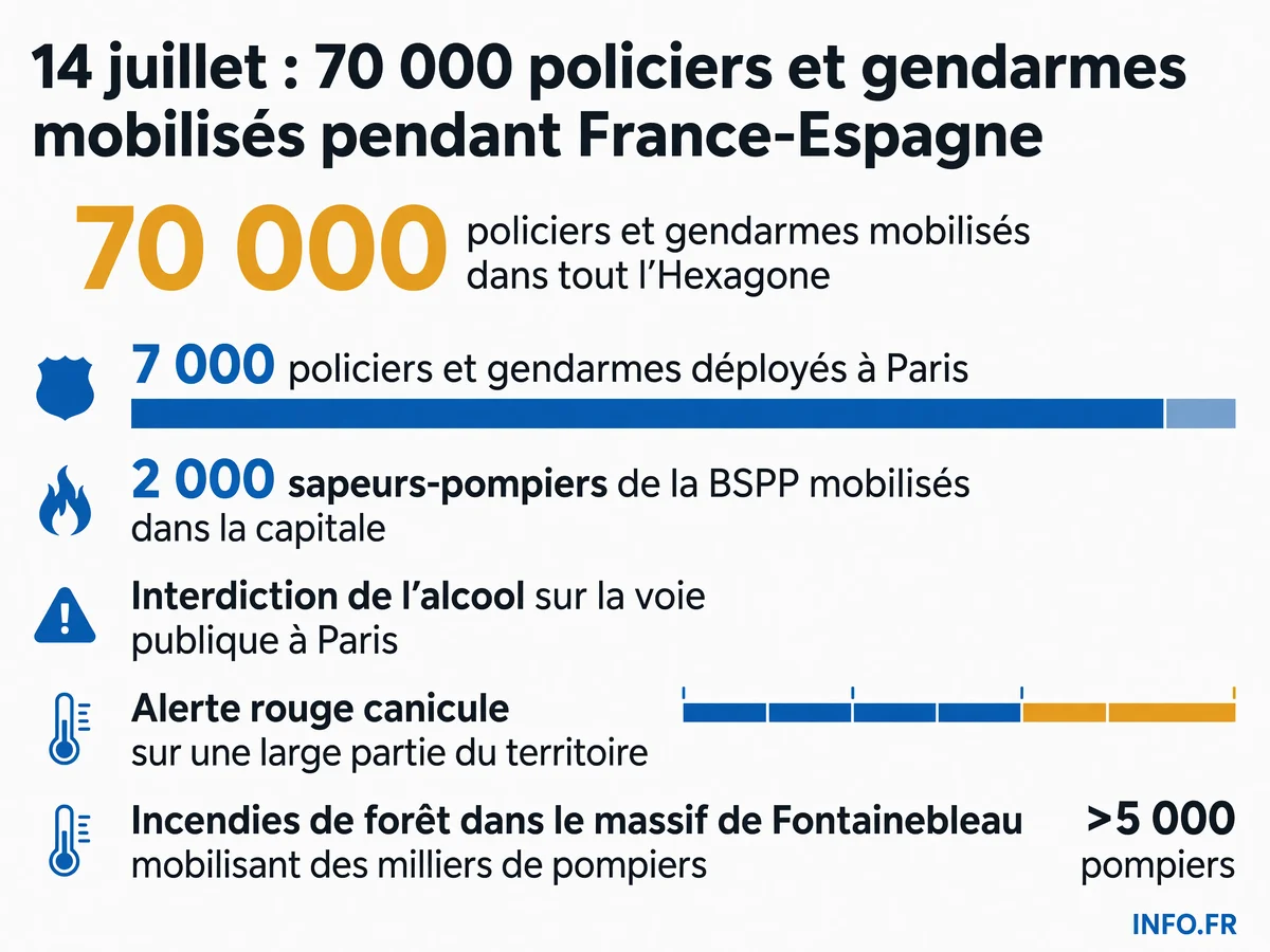 Dispositif de sécurité massif déployé en France le 14 juillet 2026 pour la demi-finale France-Espagne: 70 000 policiers et gendarmes mobilisés, dont 7 000 à Paris, 2 000 pompiers dans la capitale, interdiction de l'alcool et alerte canicule rouge.