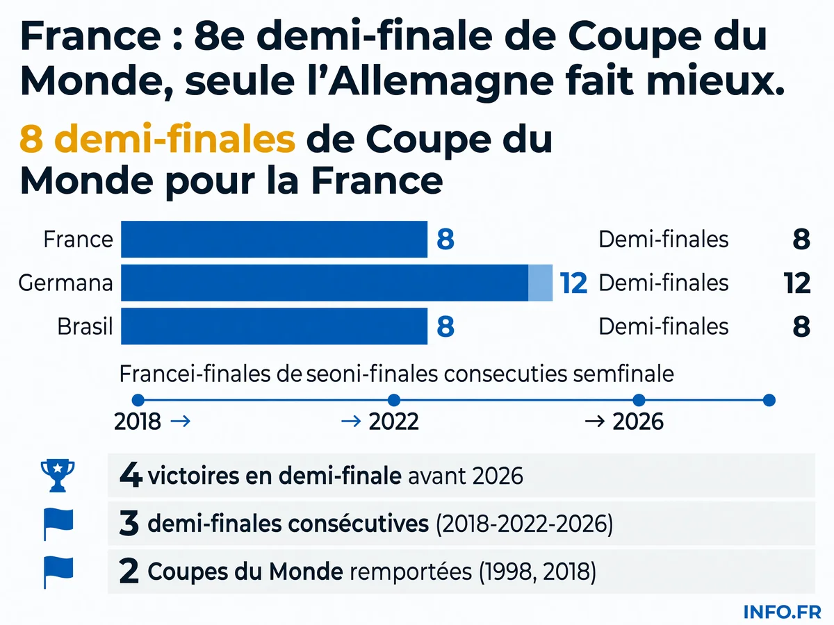 Infographie du classement historique des nations en nombre de demi-finales de Coupe du Monde, avec l'Allemagne en tête (12), suivie de la France et du Brésil (8 chacun).