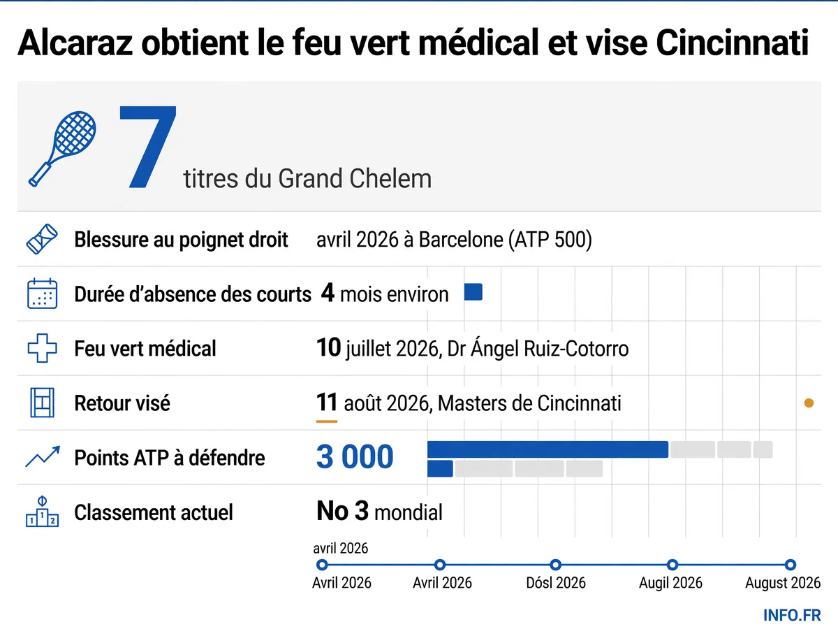 Chronologie de la blessure et du retour de Carlos Alcaraz: avril 2026 (blessure à Barcelone), 10 juillet 2026 (feu vert médical), 11 août 2026 (retour visé à Cincinnati). 3 000 points ATP à défendre.