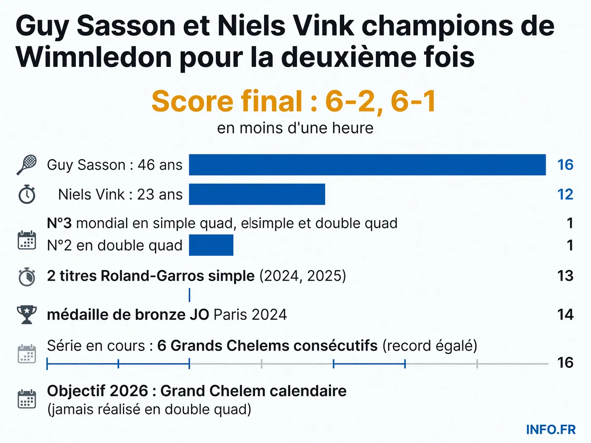 Parcours et statistiques de Guy Sasson et Niels Vink, champions de Wimbledon en double quad 2026, visant le Grand Chelem calendaire.