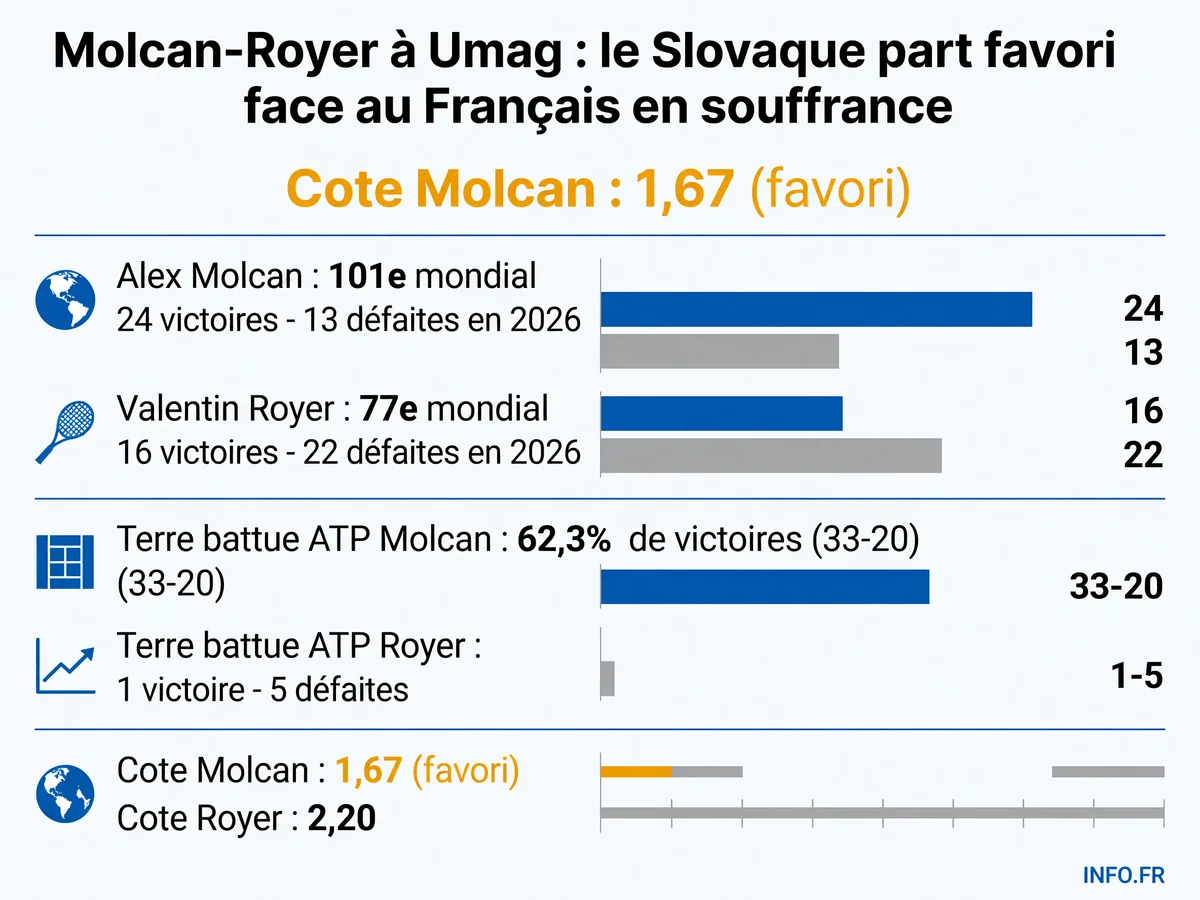 Statistiques comparatives Molcan-Royer pour le premier tour ATP Umag 2026 sur terre battue: bilans saison, performances surface, cotes bookmakers