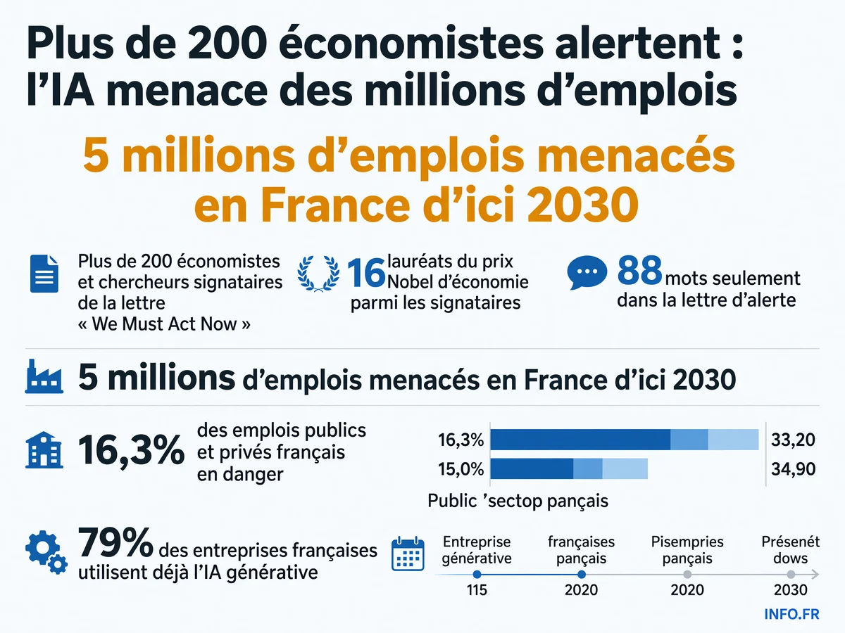 Infographie présentant les chiffres clés de l'alerte lancée par plus de 200 économistes sur l'impact de l'intelligence artificielle sur l'emploi en France et dans le monde.