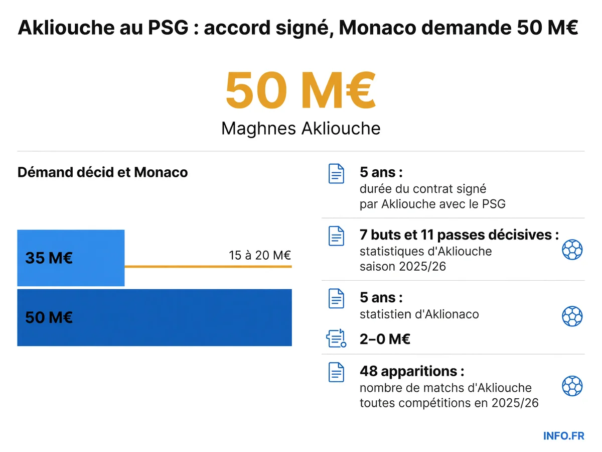 Infographie montrant l'écart financier entre l'offre du PSG (35 M€) et la demande de Monaco (50 M€) pour le transfert de Maghnes Akliouche, ainsi que ses statistiques de la saison 2025/26