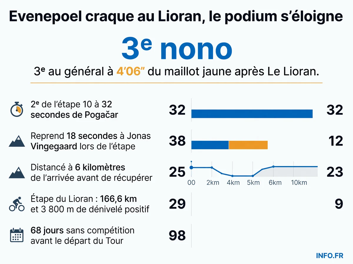 Performance de Remco Evenepoel lors de la 10e étape du Tour de France 2026 au Lioran et classement général mis à jour