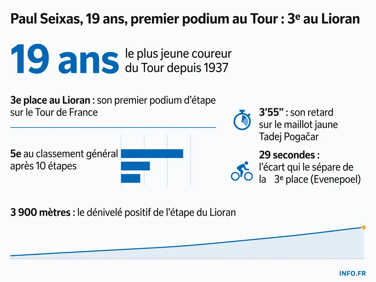 Infographie détaillant la performance de Paul Seixas lors de la 10e étape du Tour de France 2026 au Lioran et son classement général