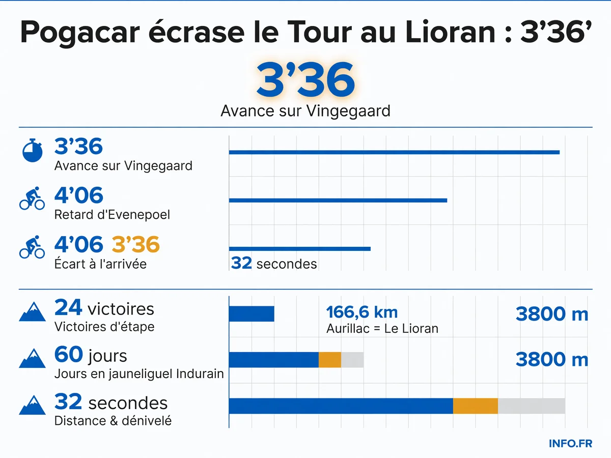 Les chiffres de la domination de Tadej Pogacar au Tour de France 2026 après sa victoire au Lioran lors de la 10e étape du 14 juillet.