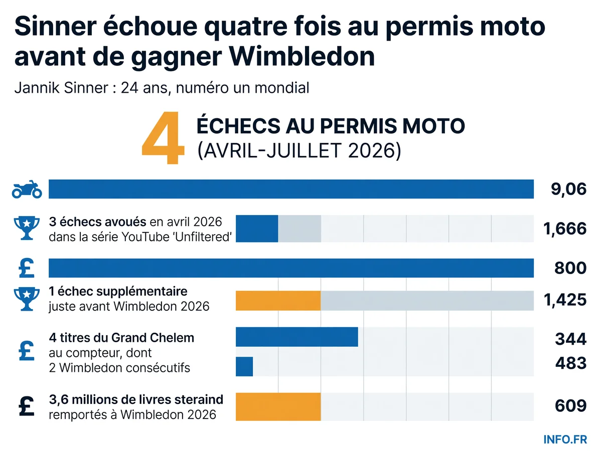 Chronologie des échecs de Jannik Sinner au permis moto entre avril et juillet 2026, avec focus sur la proximité temporelle entre le dernier échec et son sacre à Wimbledon