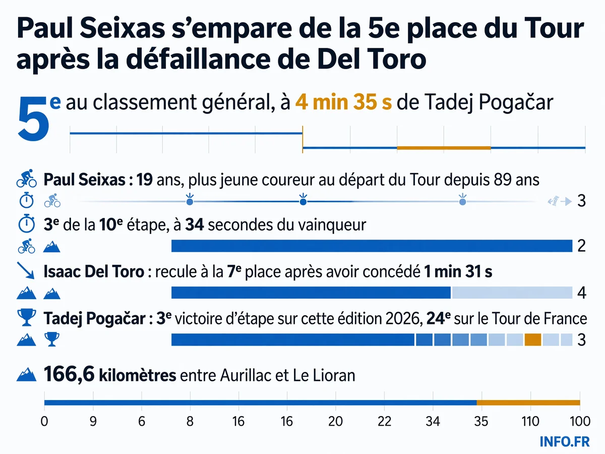 Performance de Paul Seixas lors de la 10e étape du Tour de France 2026: 3e place et intégration au Top 5 du classement général après la défaillance d'Isaac Del Toro