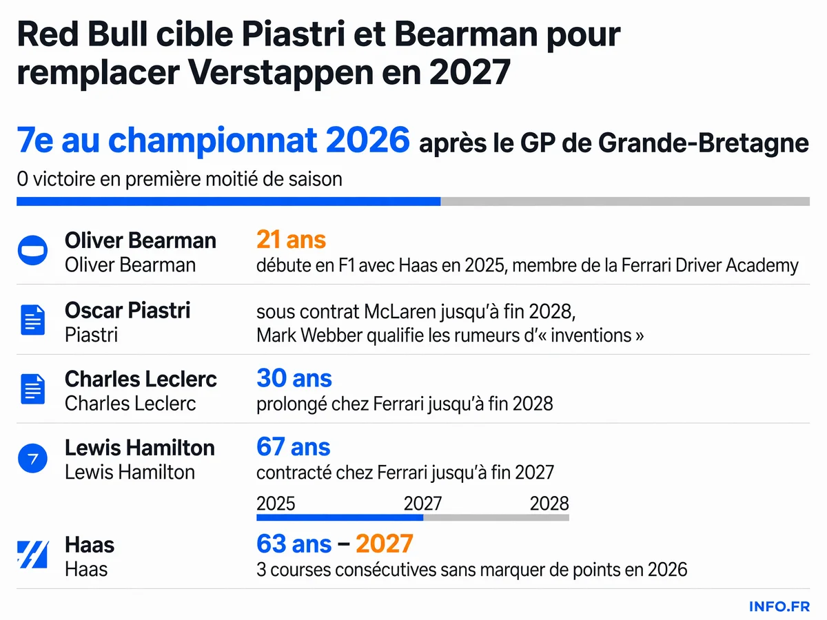 Graphique montrant le classement de Max Verstappen au championnat 2026 et les contrats des pilotes ciblés par Red Bull pour le remplacer en 2027