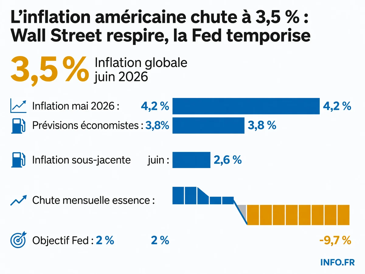 Évolution de l'inflation américaine entre mai et juin 2026, montrant un recul marqué à 3,5 % contre 4,2 % le mois précédent.