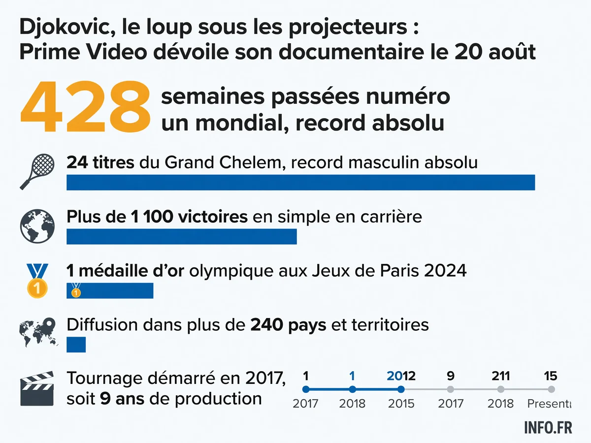 Palmarès de Novak Djokovic mis en avant dans le documentaire Prime Video: 24 titres du Grand Chelem, plus de 1 100 victoires, 428 semaines au sommet du classement ATP et une médaille d'or olympique