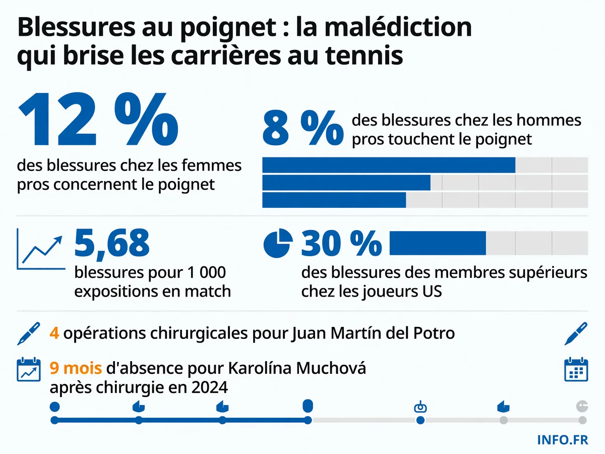 Statistiques des blessures au poignet chez les joueurs de tennis professionnels et durées d'absence liées aux différents types de lésions.