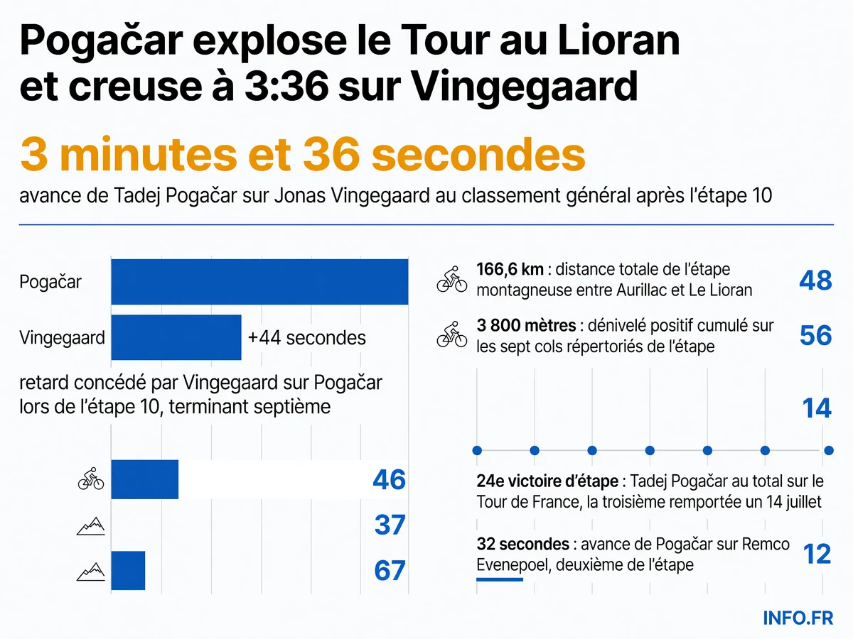 Statistiques clés de la victoire de Tadej Pogačar lors de la 10e étape du Tour de France 2026 au Lioran, avec son avance au général et les écarts sur ses rivaux