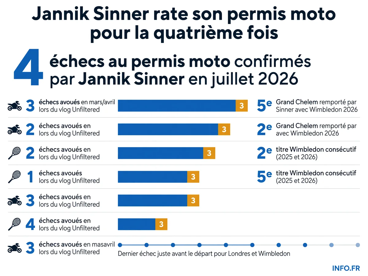Infographie présentant les quatre échecs de Jannik Sinner au permis moto en parallèle de son palmarès Grand Chelem 2025-2026.