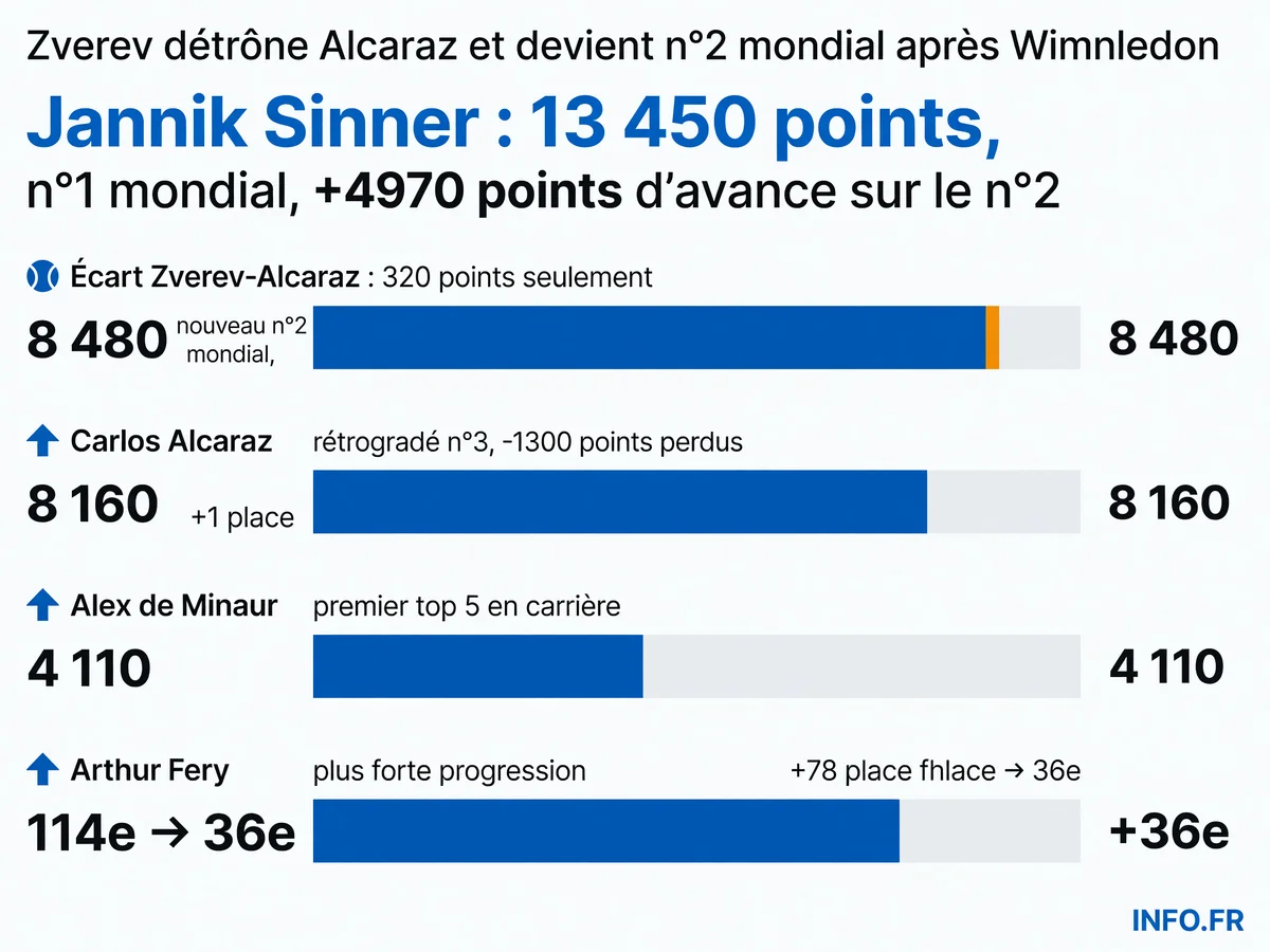 Classement ATP au 13 juillet 2026 après Wimbledon: Sinner conserve la première place, Zverev dépasse Alcaraz au deuxième rang