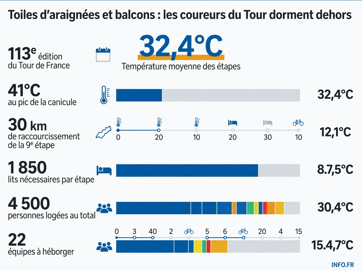 Infographie présentant les chiffres clés de la polémique sur les conditions d'hébergement lors du Tour de France 2026 en pleine canicule exceptionnelle.