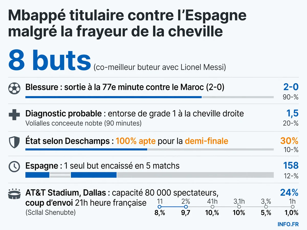 Infographie sur l'état physique de Kylian Mbappé avant la demi-finale France-Espagne en Coupe du Monde 2026 à Dallas, avec statistiques de buts et diagnostic médical.