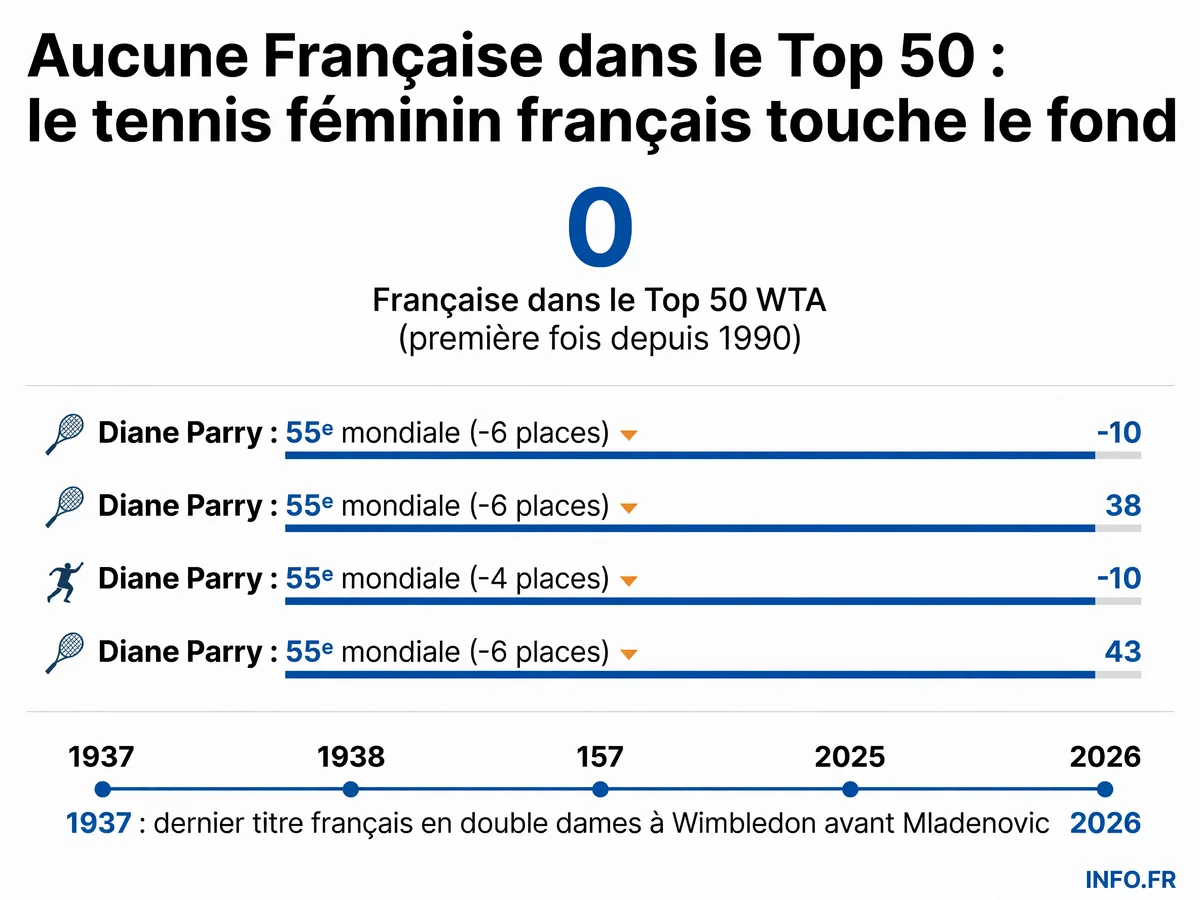 Classements WTA des joueuses françaises après Wimbledon 2026: aucune dans le Top 50, Diane Parry 55e et Elsa Jacquemot 107e.