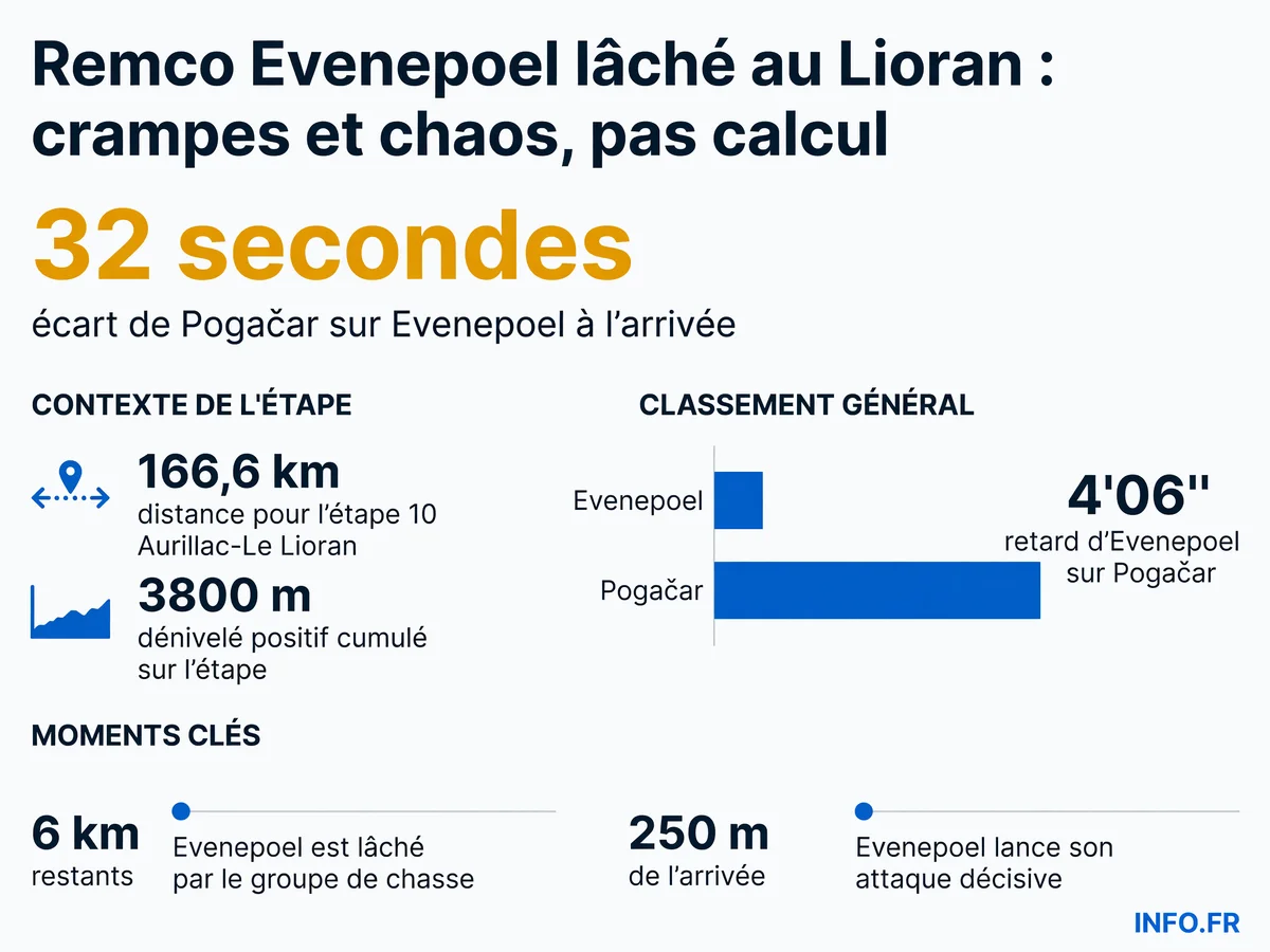 Statistiques de l'étape 10 du Tour de France 2026 au Lioran où Remco Evenepoel a été momentanément distancé avant de terminer deuxième.