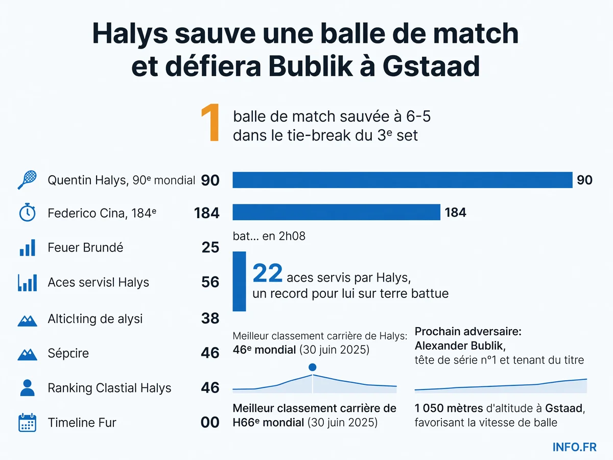 Statistiques clés de la victoire de Quentin Halys contre Federico Cina au 1er tour de l'ATP 250 Gstaad 2026