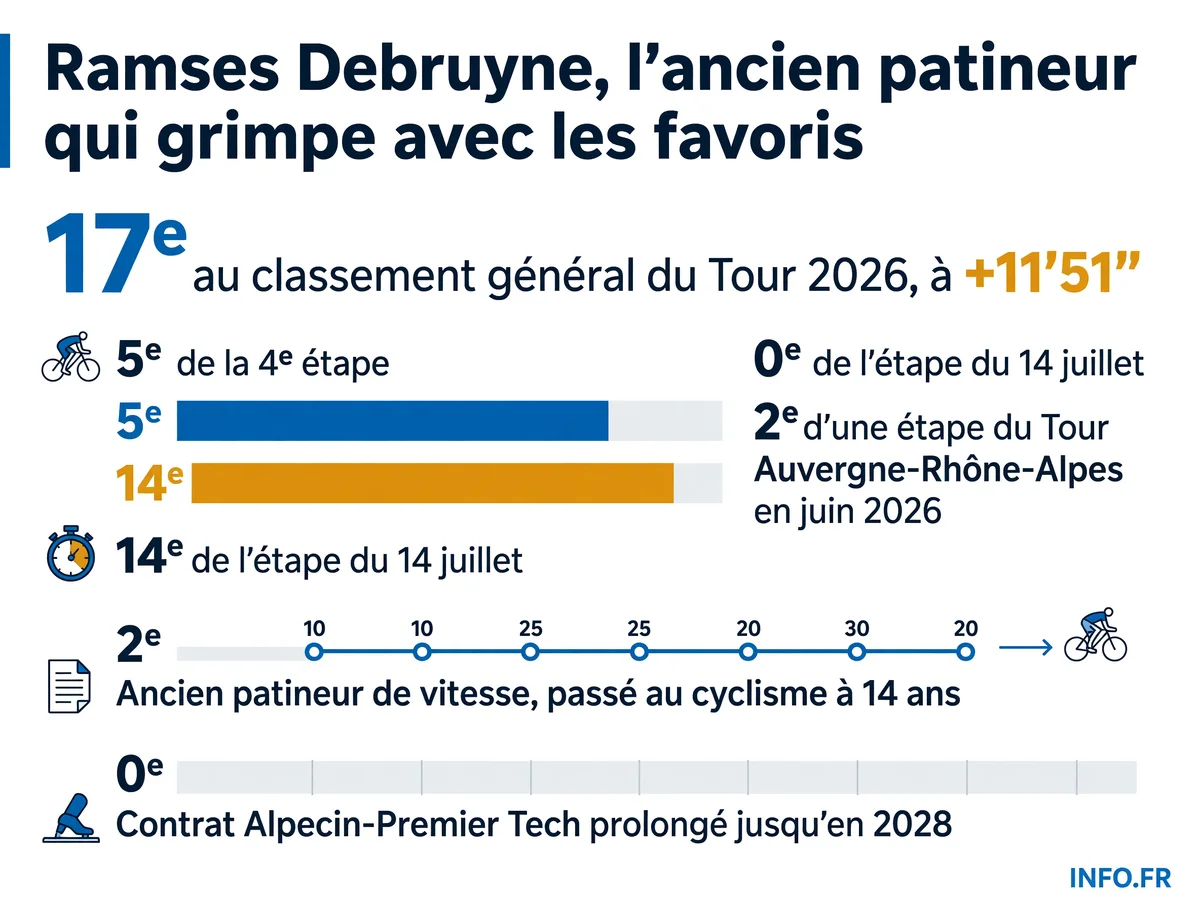 Ramses Debruyne, coureur belge de 23 ans d'Alpecin-Premier Tech, grimpe au 17e rang du Tour de France 2026 après deux top 15 d'étape.