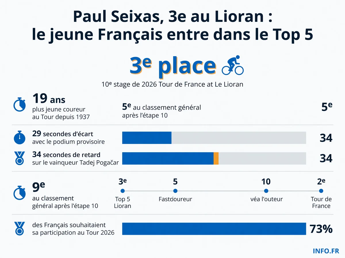 Performance de Paul Seixas lors de la 10e étape du Tour de France 2026 au Lioran et évolution de son classement général