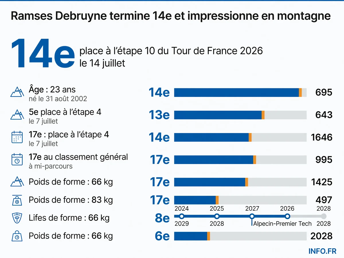 Ramses Debruyne termine 14e de l'étape 10 du Tour de France 2026 après avoir tenu le rythme des favoris